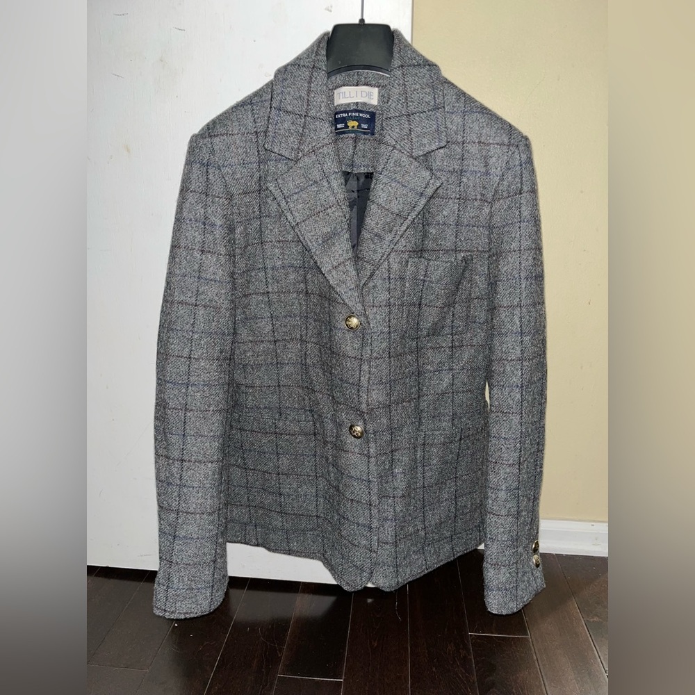 TILLIDIE Women 100% English Wool Gray Plaid Women's Blazer with elbow patches